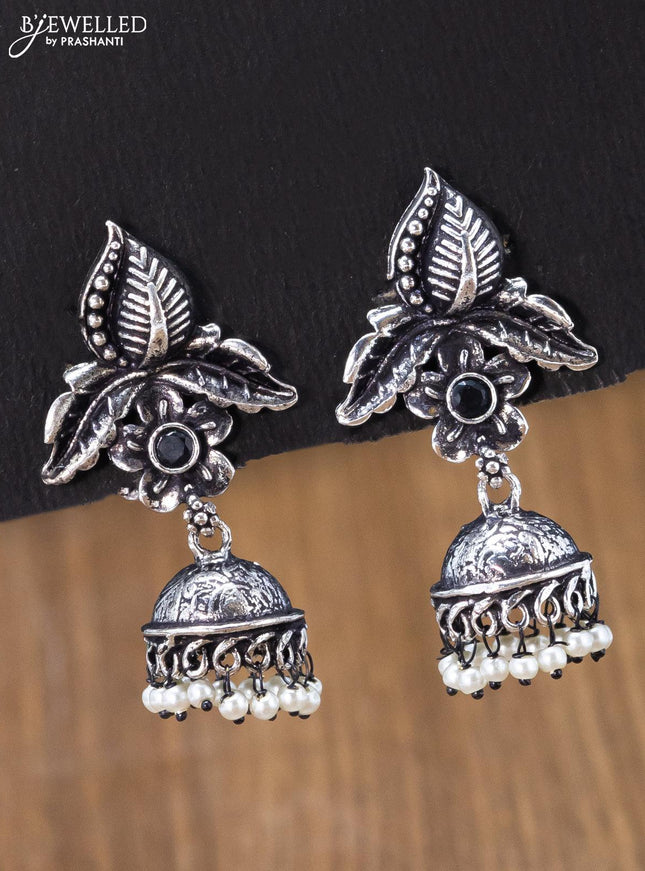 Oxidised jhumka floral & leaf design with sapphire stones and pearl hangings - {{ collection.title }} by Prashanti Sarees