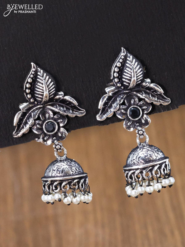 Oxidised jhumka floral & leaf design with sapphire stones and pearl hangings - {{ collection.title }} by Prashanti Sarees