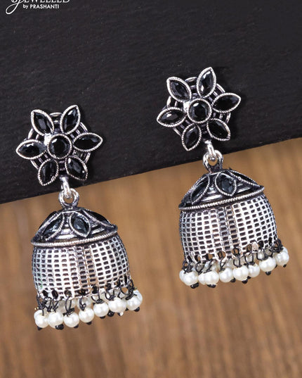 Oxidised jhumka floral design with black stones and pearl hangings - {{ collection.title }} by Prashanti Sarees
