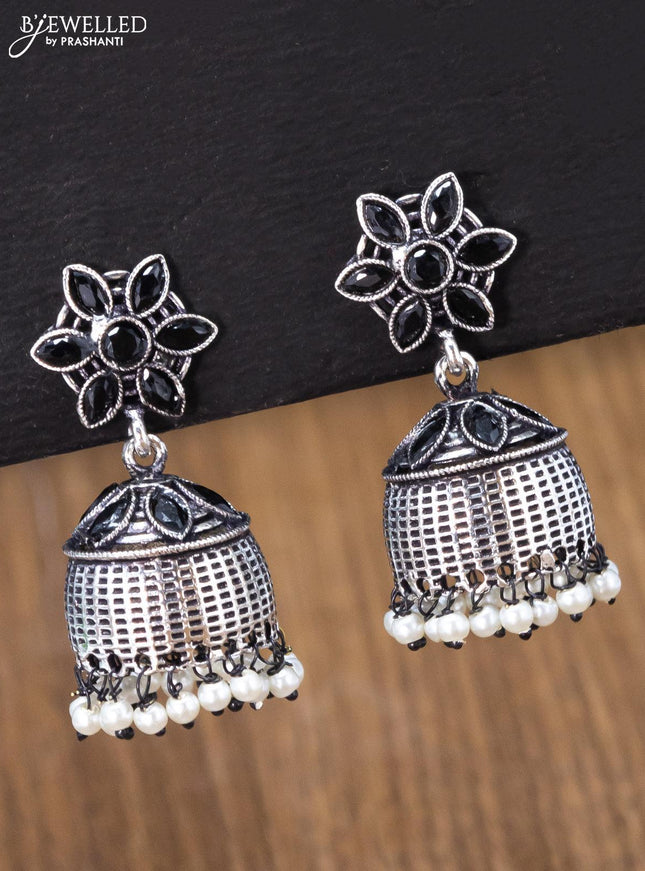 Oxidised jhumka floral design with black stones and pearl hangings - {{ collection.title }} by Prashanti Sarees