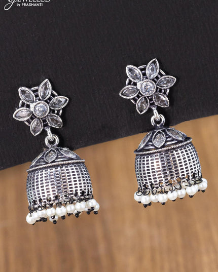 Oxidised jhumka floral design with cz stones and pearl hangings - {{ collection.title }} by Prashanti Sarees