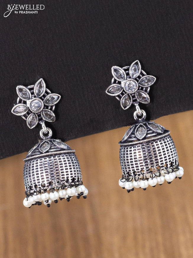 Oxidised jhumka floral design with cz stones and pearl hangings - {{ collection.title }} by Prashanti Sarees
