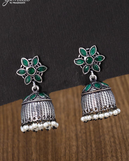 Oxidised jhumka floral design with emerald stones and pearl hangings - {{ collection.title }} by Prashanti Sarees