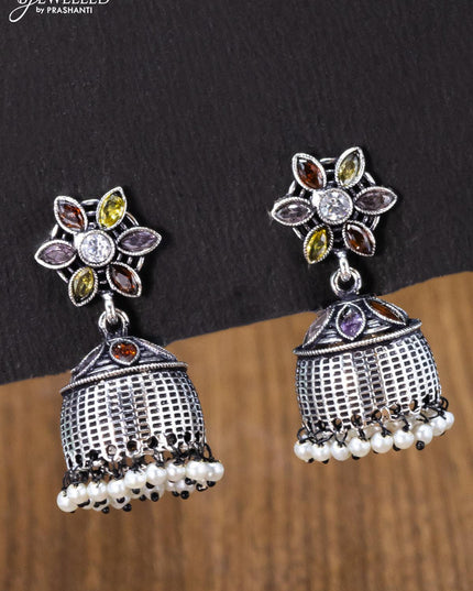 Oxidised jhumka floral design with multicolour stones and pearl hangings - {{ collection.title }} by Prashanti Sarees