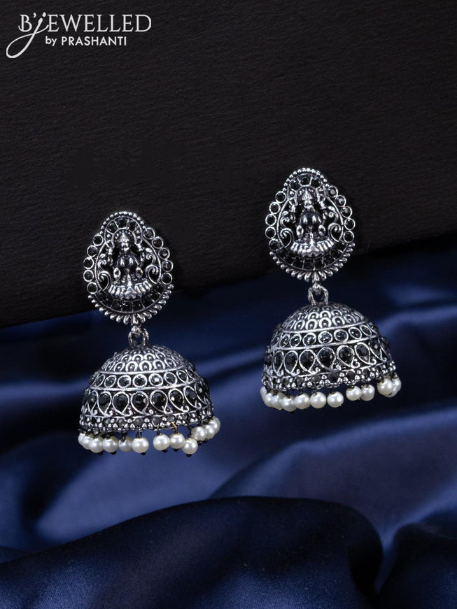 Oxidised Jhumka lakshmi design with black stones and pearl hangings - {{ collection.title }} by Prashanti Sarees