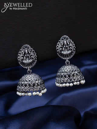 Oxidised Jhumka lakshmi design with black stones and pearl hangings