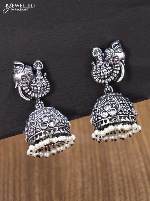 Oxidised jhumka lakshmi design with cz stones and pearl hangings - {{ collection.title }} by Prashanti Sarees