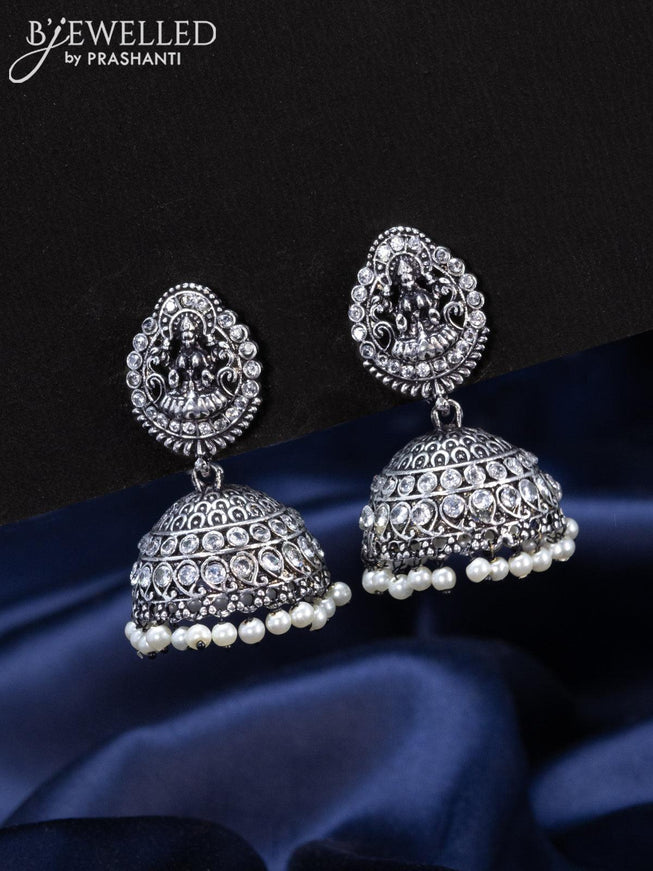 Oxidised Jhumka lakshmi design with cz stones and pearl hangings - {{ collection.title }} by Prashanti Sarees