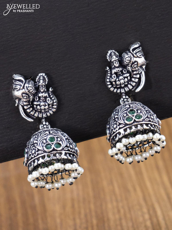 Oxidised jhumka lakshmi design with emerald stones and pearl hangings - {{ collection.title }} by Prashanti Sarees