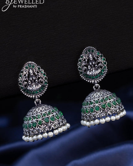 Oxidised Jhumka lakshmi design with emerald stones and pearl hangings - {{ collection.title }} by Prashanti Sarees