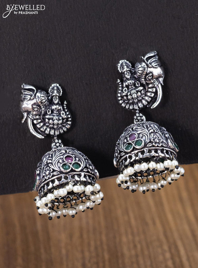 Oxidised jhumka lakshmi design with kemp stones and pearl hangings - {{ collection.title }} by Prashanti Sarees