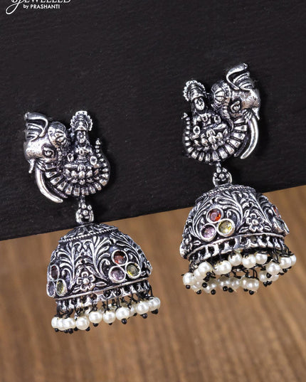 Oxidised jhumka lakshmi design with multicolour stones and pearl hangings - {{ collection.title }} by Prashanti Sarees
