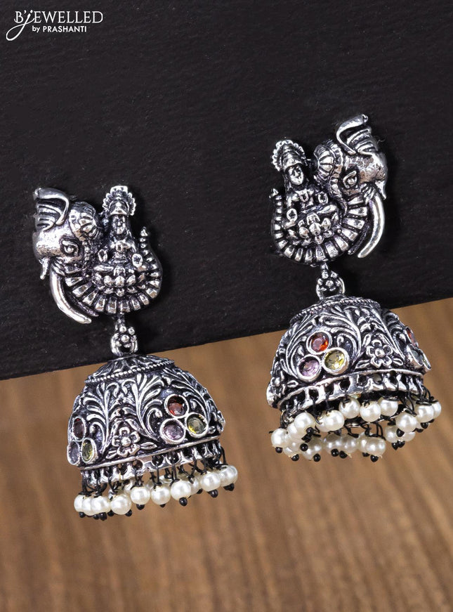Oxidised jhumka lakshmi design with multicolour stones and pearl hangings - {{ collection.title }} by Prashanti Sarees
