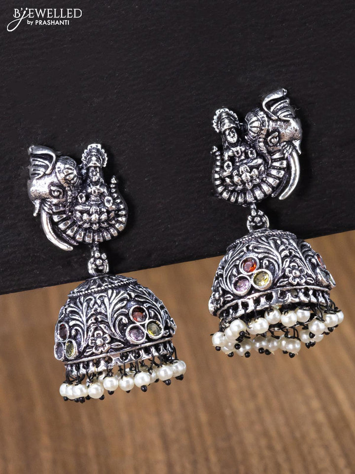 Oxidised jhumka lakshmi design with multicolour stones and pearl hangings - {{ collection.title }} by Prashanti Sarees