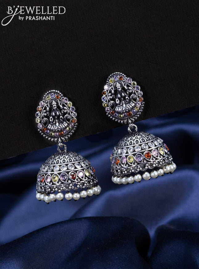 Oxidised Jhumka lakshmi design with multicolour stones and pearl hangings - {{ collection.title }} by Prashanti Sarees