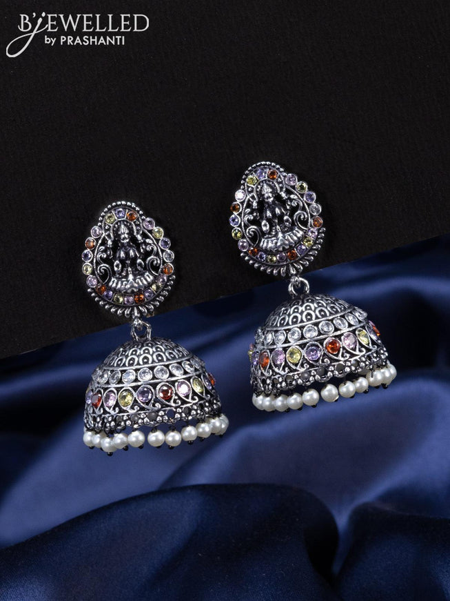 Oxidised Jhumka lakshmi design with multicolour stones and pearl hangings - {{ collection.title }} by Prashanti Sarees