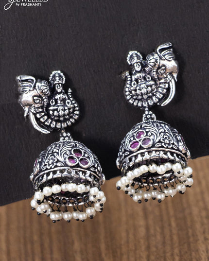 Oxidised jhumka lakshmi design with pink kemp stones and pearl hangings - {{ collection.title }} by Prashanti Sarees