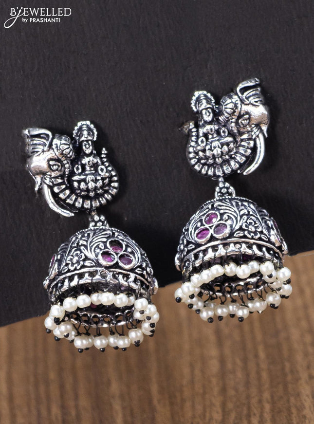 Oxidised jhumka lakshmi design with pink kemp stones and pearl hangings - {{ collection.title }} by Prashanti Sarees