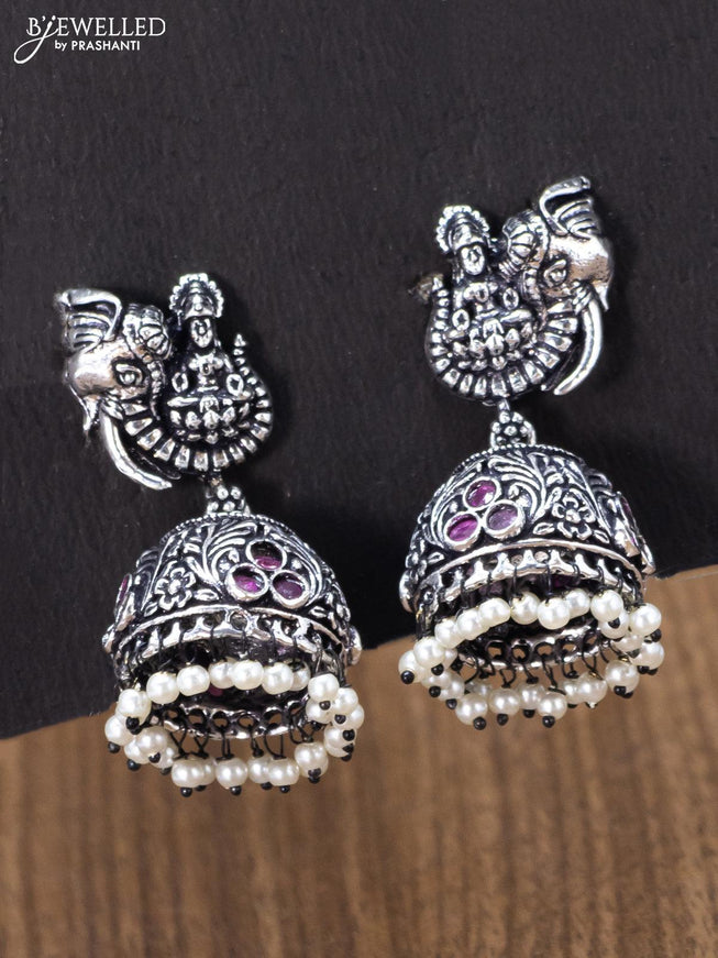 Oxidised jhumka lakshmi design with pink kemp stones and pearl hangings - {{ collection.title }} by Prashanti Sarees