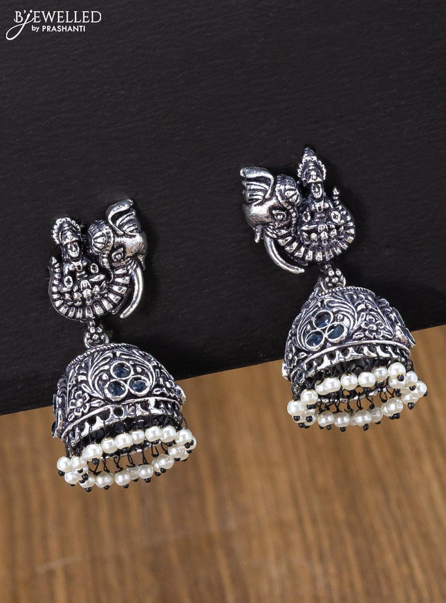Oxidised jhumka lakshmi design with sapphire stones and pearl hangings - {{ collection.title }} by Prashanti Sarees