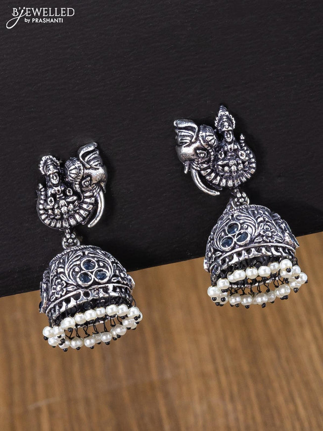Oxidised jhumka lakshmi design with sapphire stones and pearl hangings - {{ collection.title }} by Prashanti Sarees