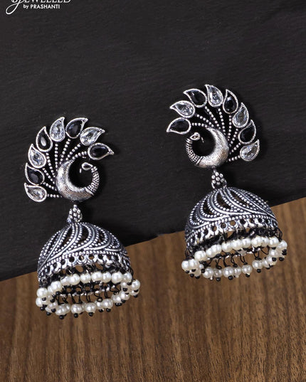 Oxidised jhumka peacock design with black & cz stones and pearl hangings - {{ collection.title }} by Prashanti Sarees
