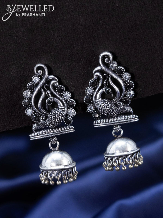 Oxidised Jhumka peacock design with black & white stones and hangings - {{ collection.title }} by Prashanti Sarees