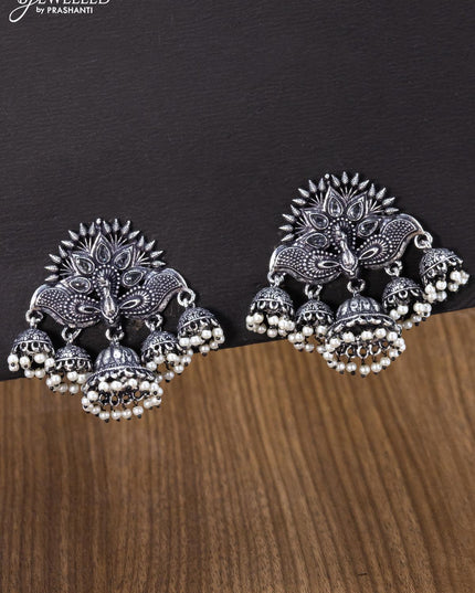 Oxidised jhumka peacock design with cz stones and pearl hangings - {{ collection.title }} by Prashanti Sarees
