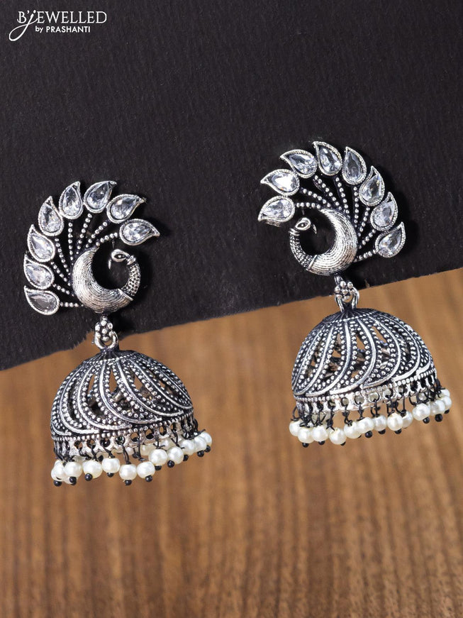 Oxidised jhumka peacock design with cz stones and pearl hangings - {{ collection.title }} by Prashanti Sarees
