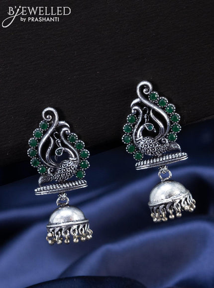 Oxidised Jhumka peacock design with emerald stones and hangings - {{ collection.title }} by Prashanti Sarees