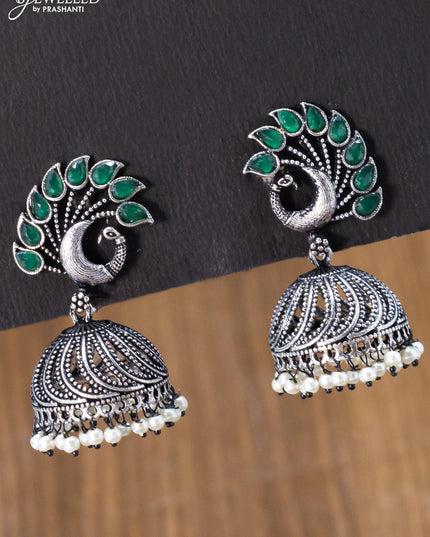 Oxidised jhumka peacock design with emerald stones and pearl hangings - {{ collection.title }} by Prashanti Sarees