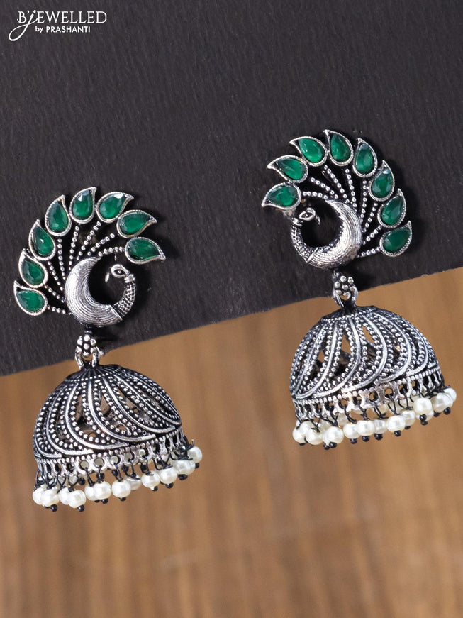 Oxidised jhumka peacock design with emerald stones and pearl hangings - {{ collection.title }} by Prashanti Sarees