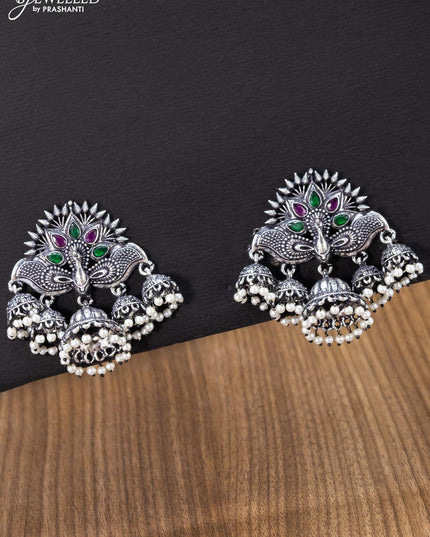 Oxidised jhumka peacock design with kemp stones and pearl hangings - {{ collection.title }} by Prashanti Sarees