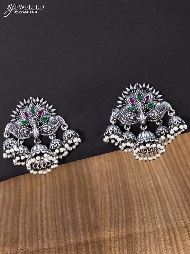 Oxidised jhumka peacock design with kemp stones and pearl hangings - {{ collection.title }} by Prashanti Sarees