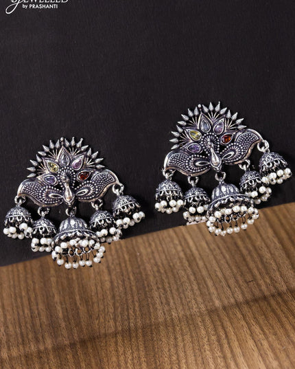 Oxidised jhumka peacock design with multicolour stones and pearl hangings - {{ collection.title }} by Prashanti Sarees