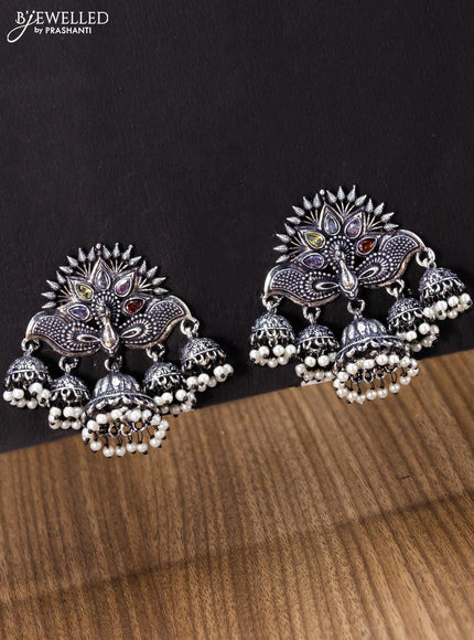 Oxidised jhumka peacock design with multicolour stones and pearl hangings - {{ collection.title }} by Prashanti Sarees