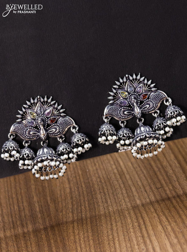Oxidised jhumka peacock design with multicolour stones and pearl hangings - {{ collection.title }} by Prashanti Sarees
