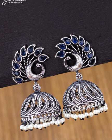 Oxidised jhumka peacock design with sapphire and pearl hangings - {{ collection.title }} by Prashanti Sarees