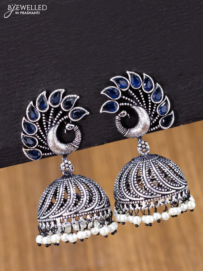 Oxidised jhumka peacock design with sapphire and pearl hangings - {{ collection.title }} by Prashanti Sarees