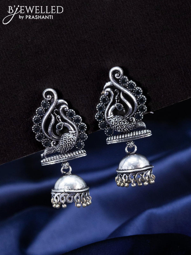 Oxidised Jhumka peacock design with sapphire stones and hangings - {{ collection.title }} by Prashanti Sarees
