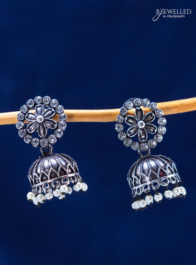 Oxidised jhumka with cz stones and pearl hangings - {{ collection.title }} by Prashanti Sarees