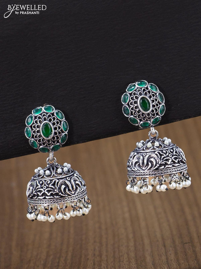 Oxidised jhumka with emerald stones and pearl hangings - {{ collection.title }} by Prashanti Sarees