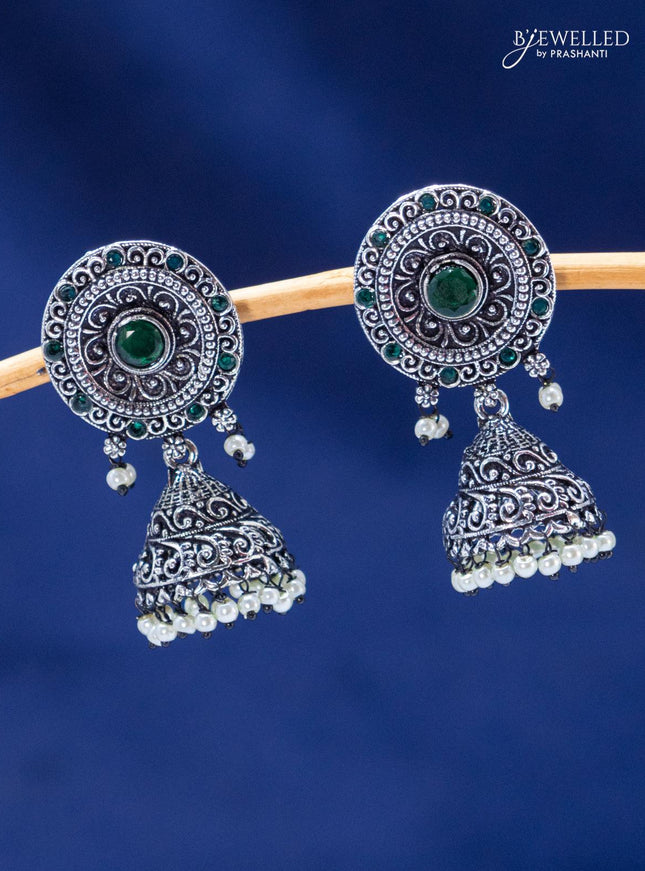 Oxidised jhumka with emerald stones and pearl hangings - {{ collection.title }} by Prashanti Sarees