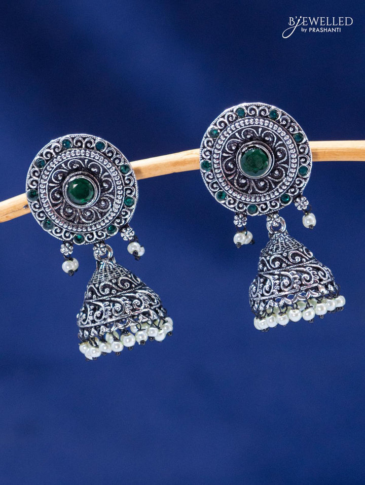 Oxidised jhumka with emerald stones and pearl hangings - {{ collection.title }} by Prashanti Sarees