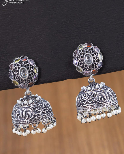Oxidised jhumka with multicolour kemp stones and pearl hangings - {{ collection.title }} by Prashanti Sarees