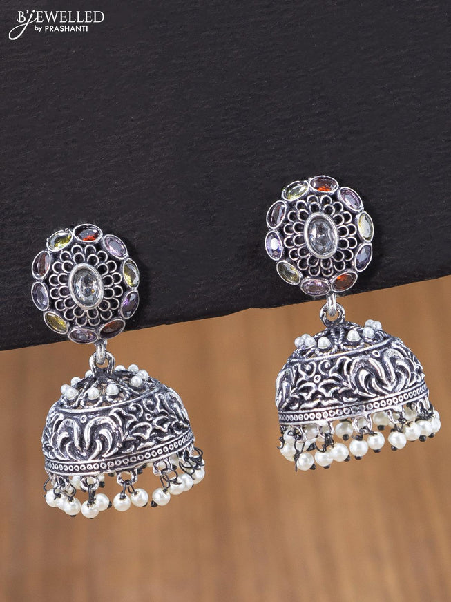 Oxidised jhumka with multicolour kemp stones and pearl hangings - {{ collection.title }} by Prashanti Sarees