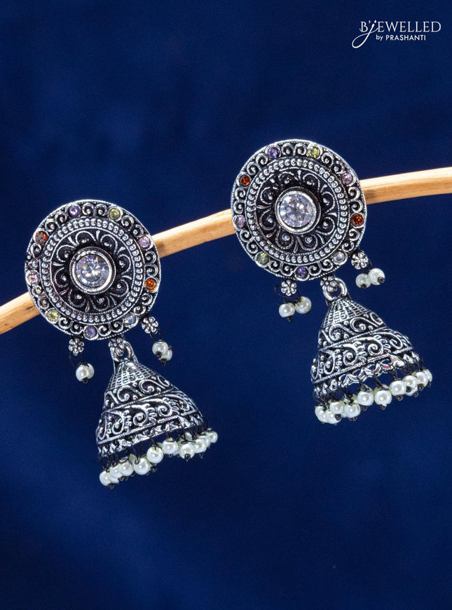 Oxidised jhumka with multicolour stones and pearl hangings - {{ collection.title }} by Prashanti Sarees