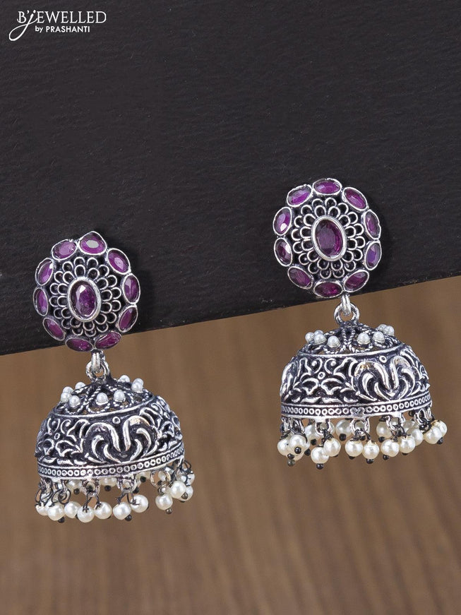 Oxidised jhumka with pink kemp kemp stones and pearl hangings - {{ collection.title }} by Prashanti Sarees