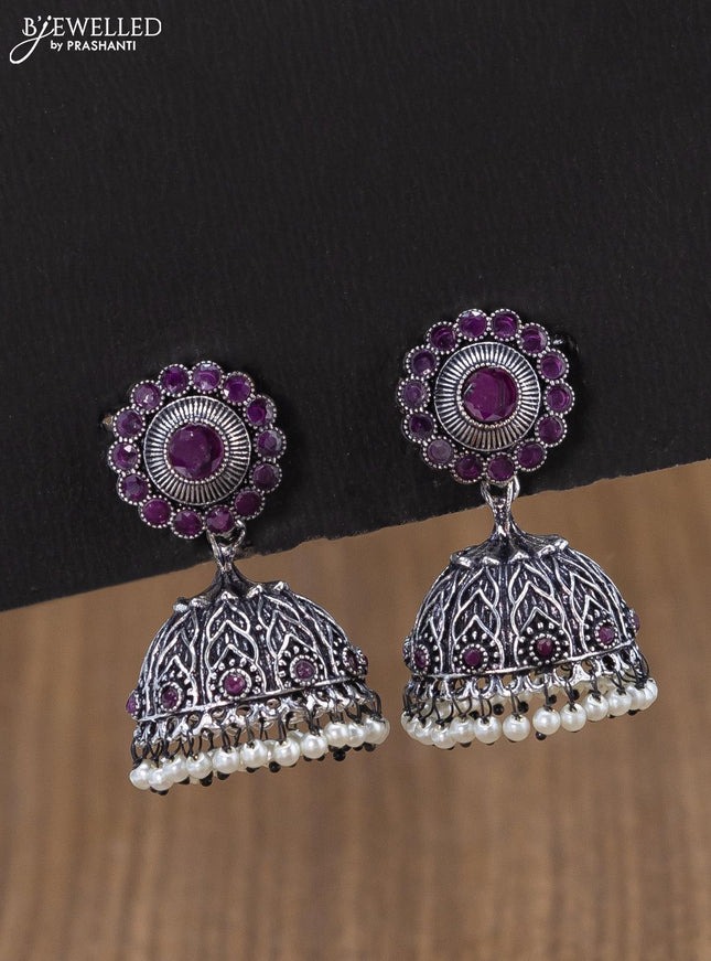 Oxidised jhumka with pink kemp stones and pearl hangings - {{ collection.title }} by Prashanti Sarees