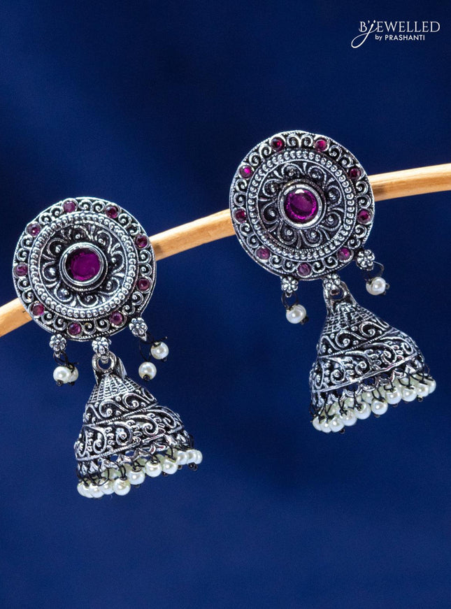 Oxidised jhumka with ruby stones and pearl hangings - {{ collection.title }} by Prashanti Sarees